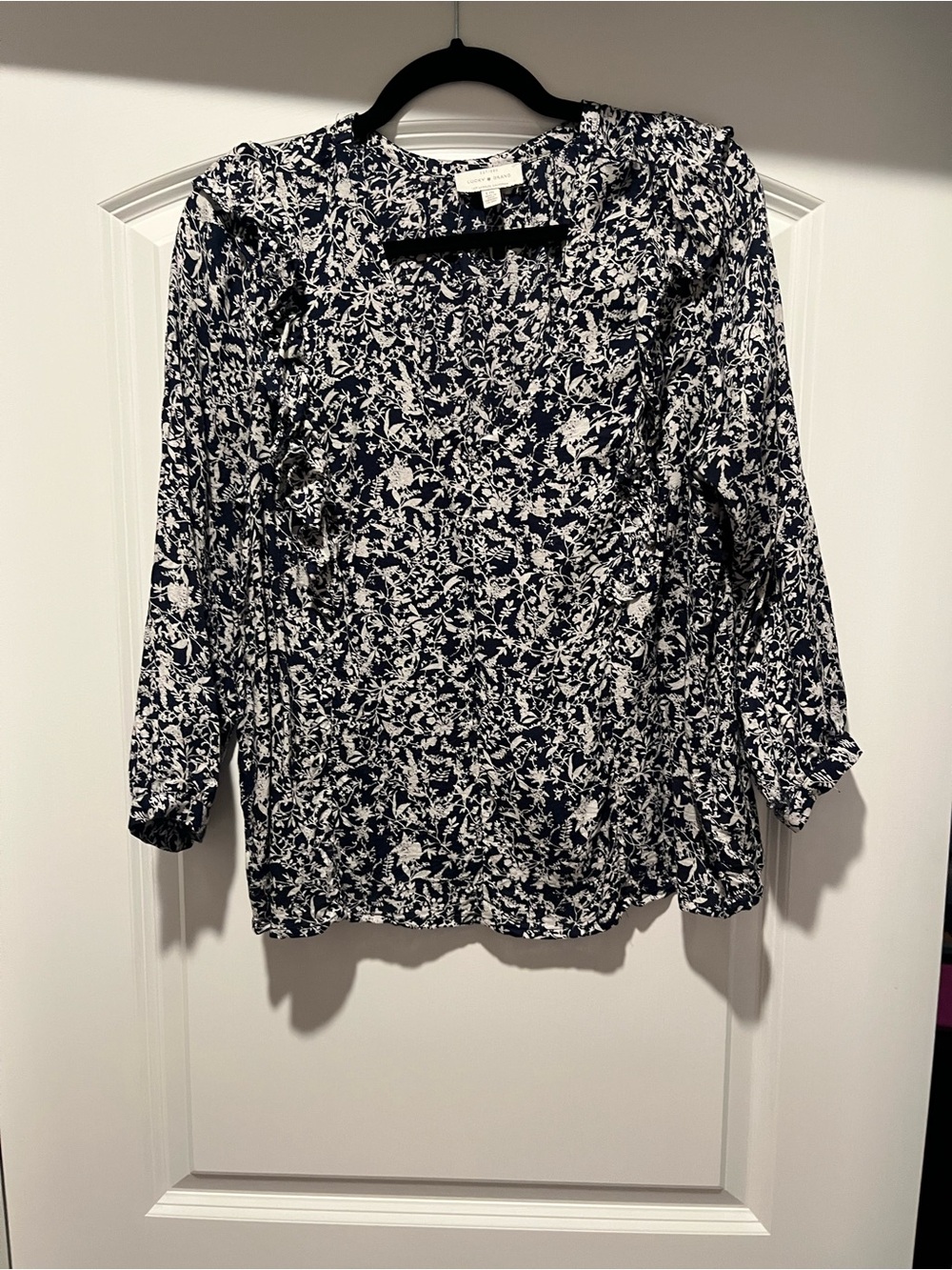 Womens Navy Floral Ruffled Blouse